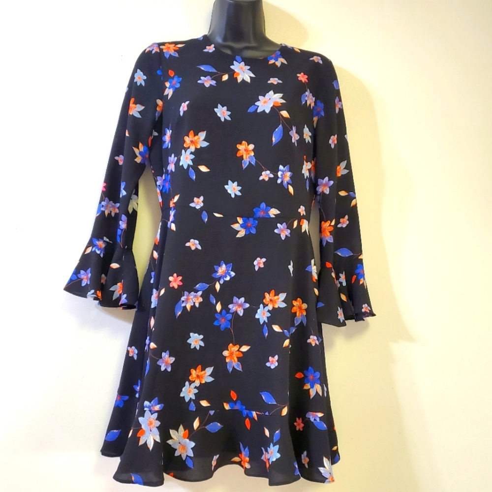 Eliza J Floral Print Crew Neck 3/4 Sleeve, Flounce Hem Black Sz 4P